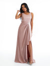 Elegant Scoop Side Slit Lace Applique A-Line Pleated Satin Pretty Long Bridesmaid Dresses