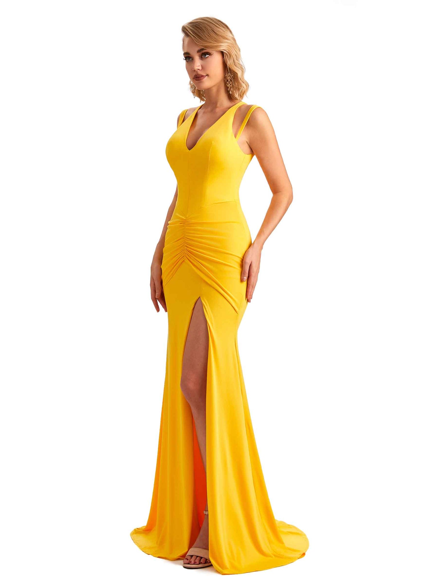 Sexy Side Slit Mermaid V-neck Stretchy Jersey Long Formal Bridesmaid Dresses