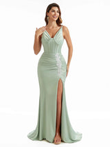 Sexy Side Split V-Neck Maxi Satin Unique Formal Maid of Honor Mermaid Dresses