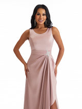 Elegant Scoop Side Slit Lace Applique A-Line Pleated Satin Pretty Long Bridesmaid Dresses