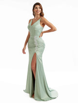 Sexy Side Split V-Neck Maxi Satin Unique Formal Maid of Honor Mermaid Dresses