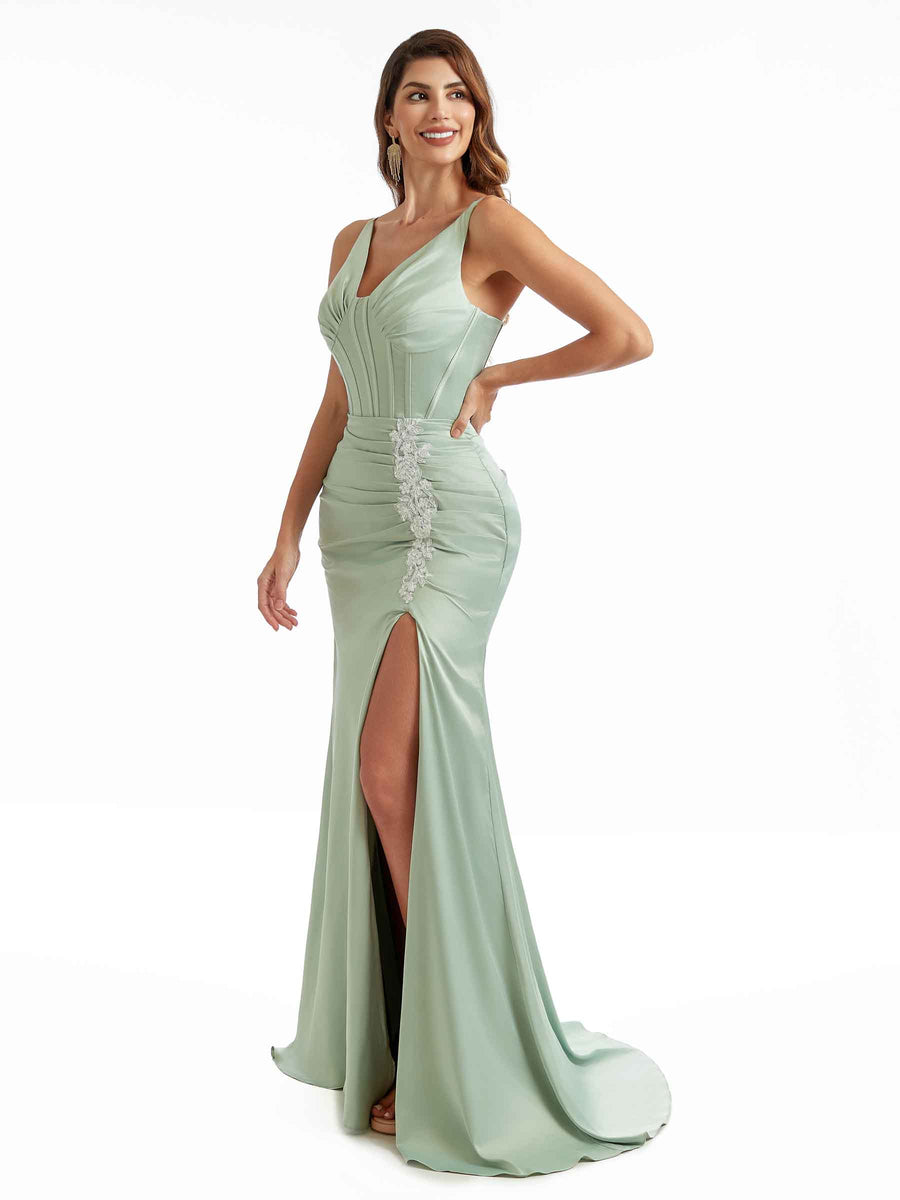 Sexy Side Split V-Neck Maxi Satin Unique Formal Maid of Honor Mermaid Dresses