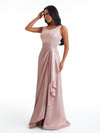 Elegant Scoop Side Slit Lace Applique A-Line Pleated Satin Pretty Long Bridesmaid Dresses