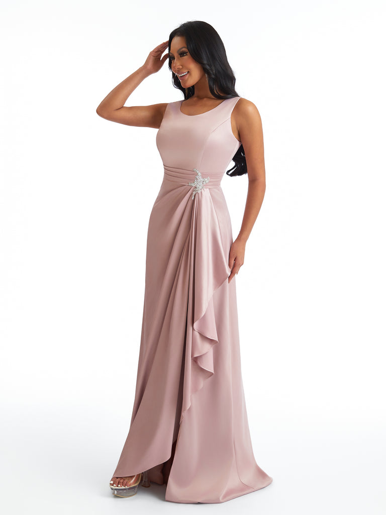 Elegant Scoop Side Slit Lace Applique A-Line Pleated Satin Pretty Long Bridesmaid Dresses
