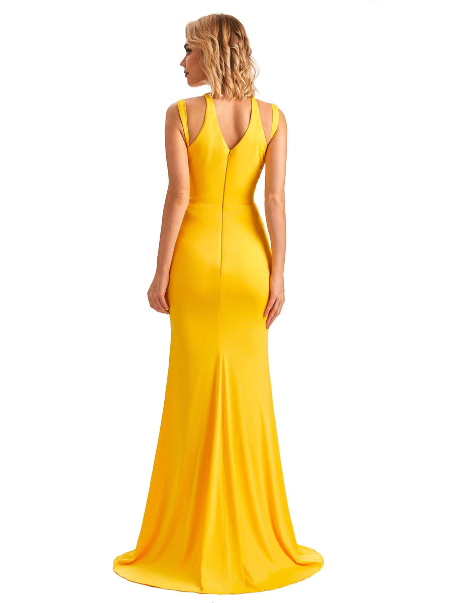Sexy Side Slit Mermaid V-neck Stretchy Jersey Long Formal Bridesmaid Dresses