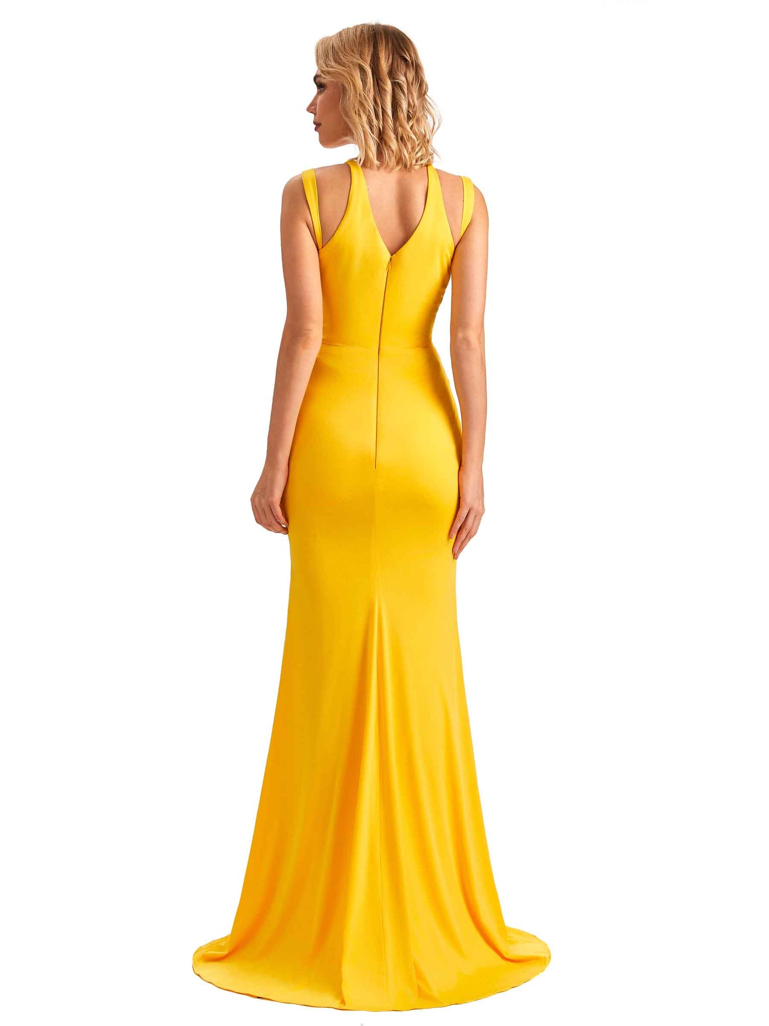 Sexy Side Slit Mermaid V-neck Stretchy Jersey Long Formal Bridesmaid Dresses