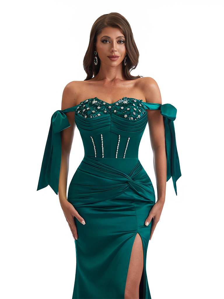 Sexy Off The Shoulder Beaded Lace Mermaid Side Slit Soft Satin Unique Long Bridesmaid Dresses Online