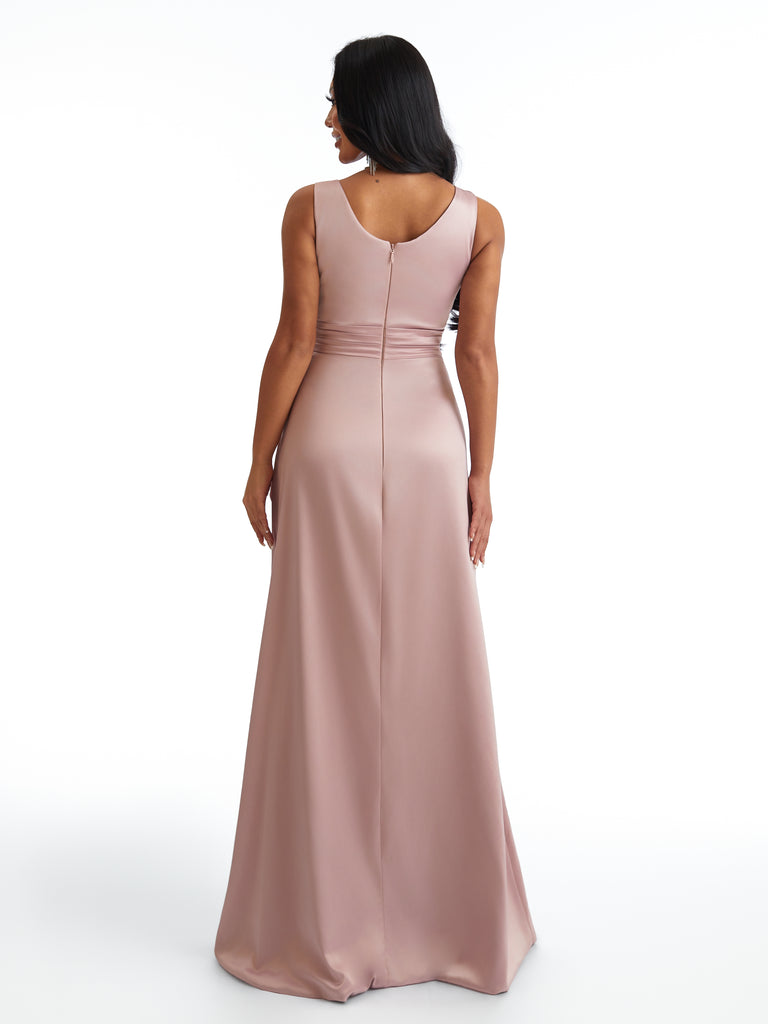 Elegant Scoop Side Slit Lace Applique A-Line Pleated Satin Pretty Long Bridesmaid Dresses