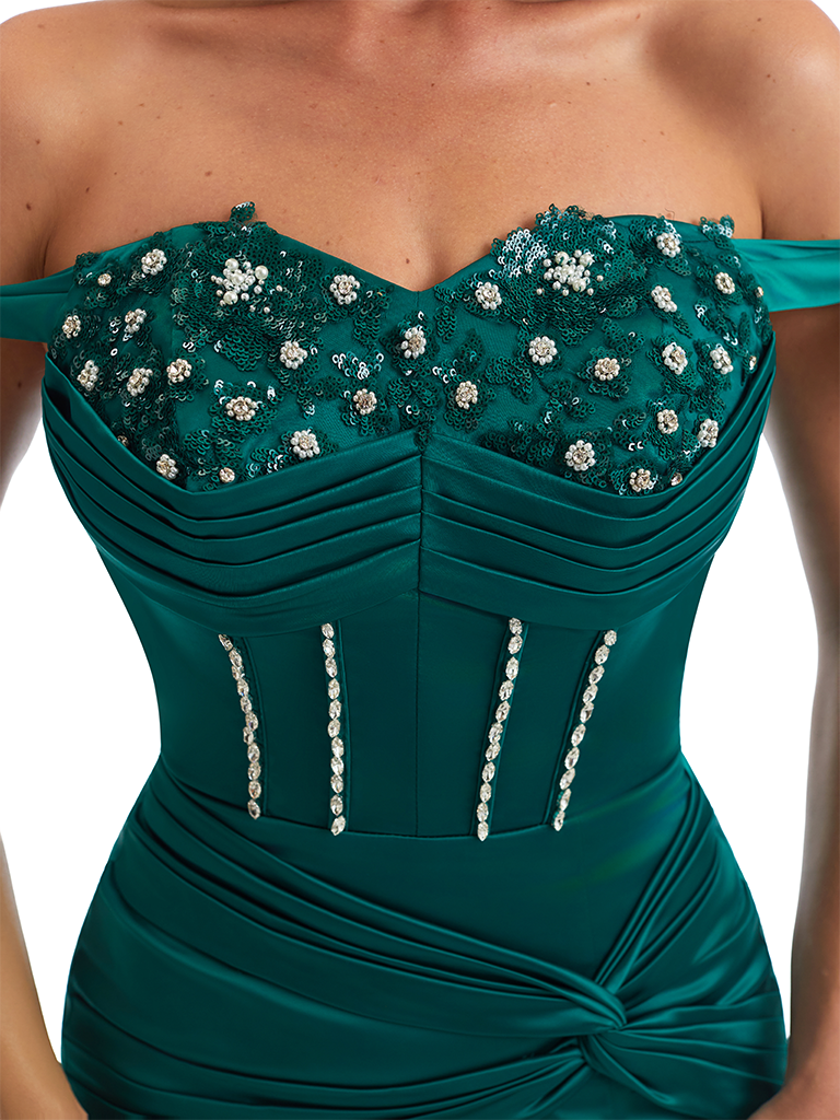 Sexy Off The Shoulder Beaded Lace Mermaid Side Slit Soft Satin Unique Long Bridesmaid Dresses Online