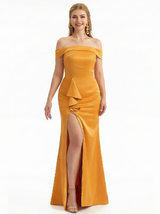 Sexy Off The Shoulder Side Slit Mermaid Ruffle Satin Long Formal Evening Dresses