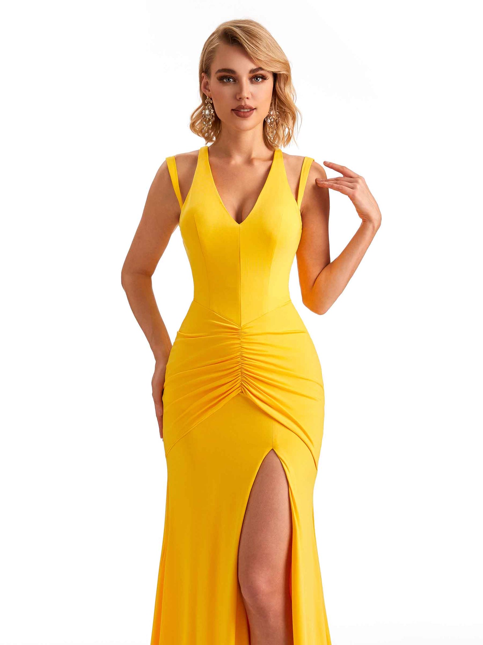 Sexy Side Slit Mermaid V-neck Stretchy Jersey Long Formal Bridesmaid Dresses