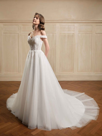 A-line Off The Shoulder V-neck Maxi Long Lace Wedding Dresses Online