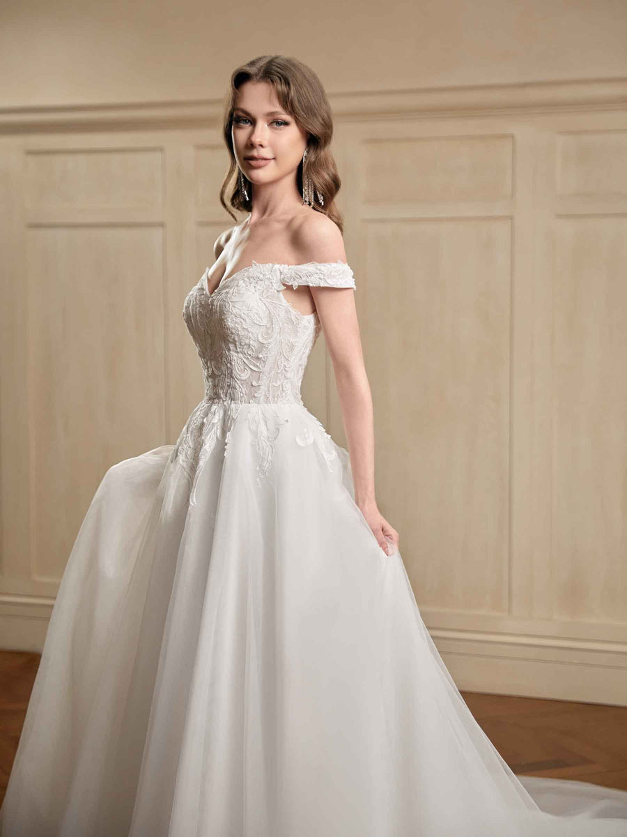 A-line Off The Shoulder V-neck Maxi Long Lace Wedding Dresses Online
