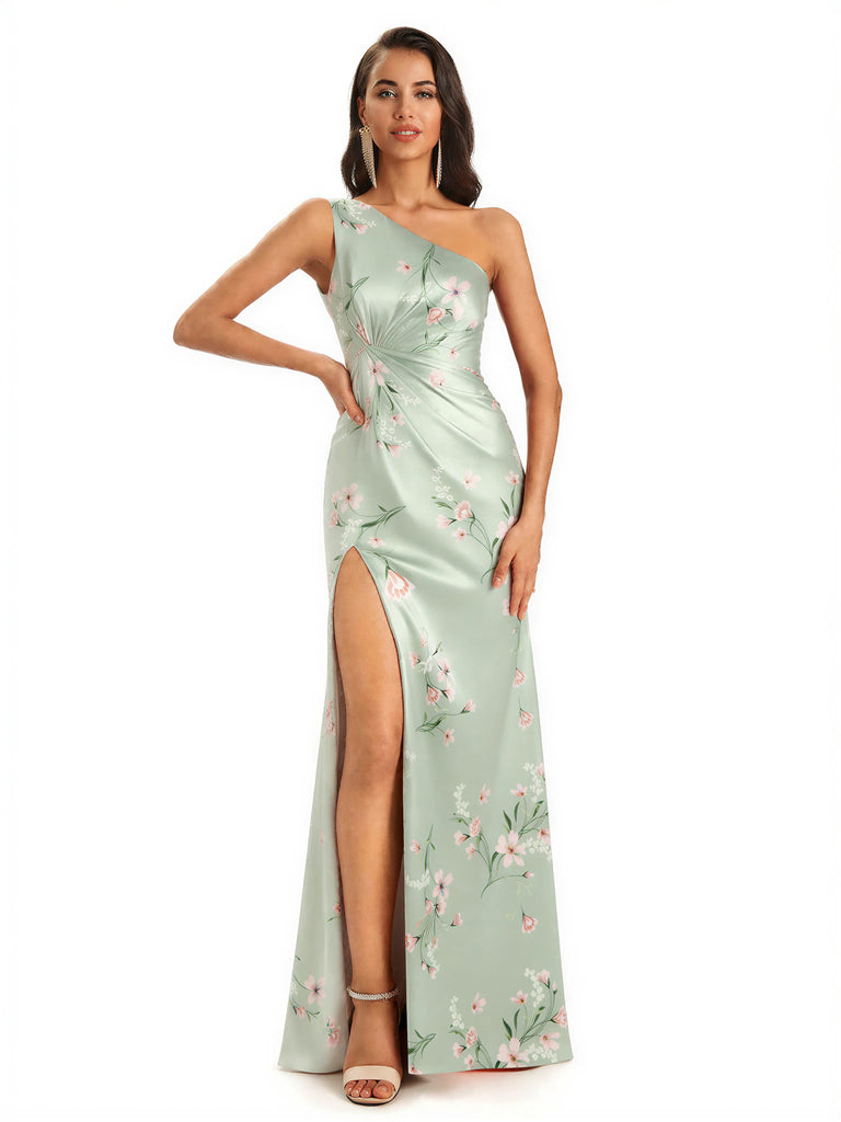 Elegant One Shoulder Mermaid Side Slit Floral Satin Maxi Floral Formal Dresses For Women