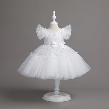 Flower Girls Dress Formal with Bow Sequin & Feathers A-line Tulle Princess Gown for Wedding