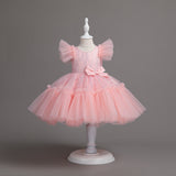 Flower Girls Dress Formal with Bow Sequin & Feathers A-line Tulle Princess Gown for Wedding