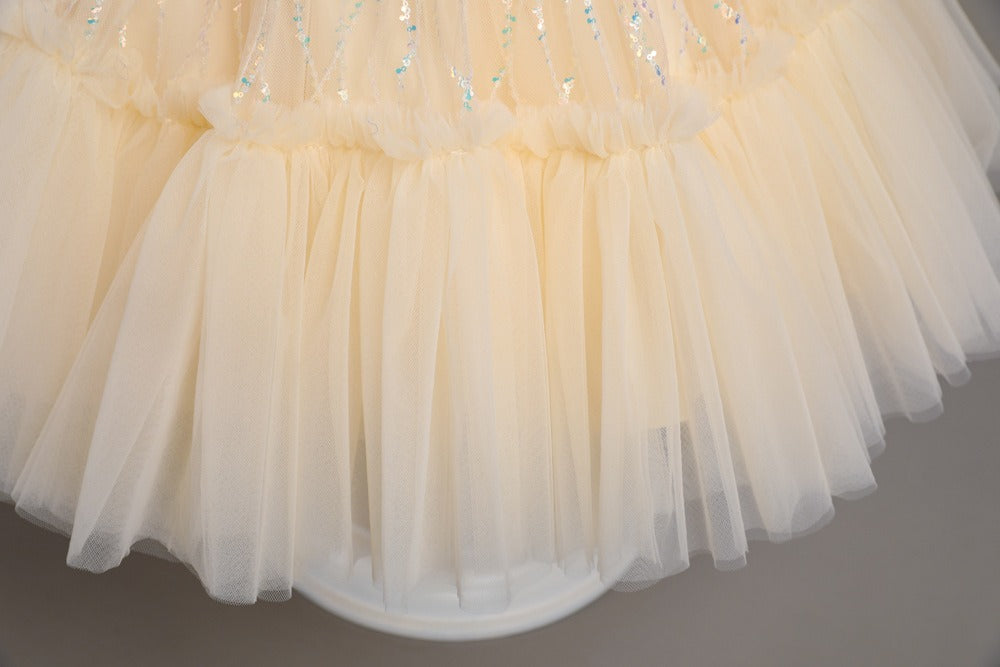 Flower Girls Dress Formal with Bow Sequin & Feathers A-line Tulle Princess Gown for Wedding