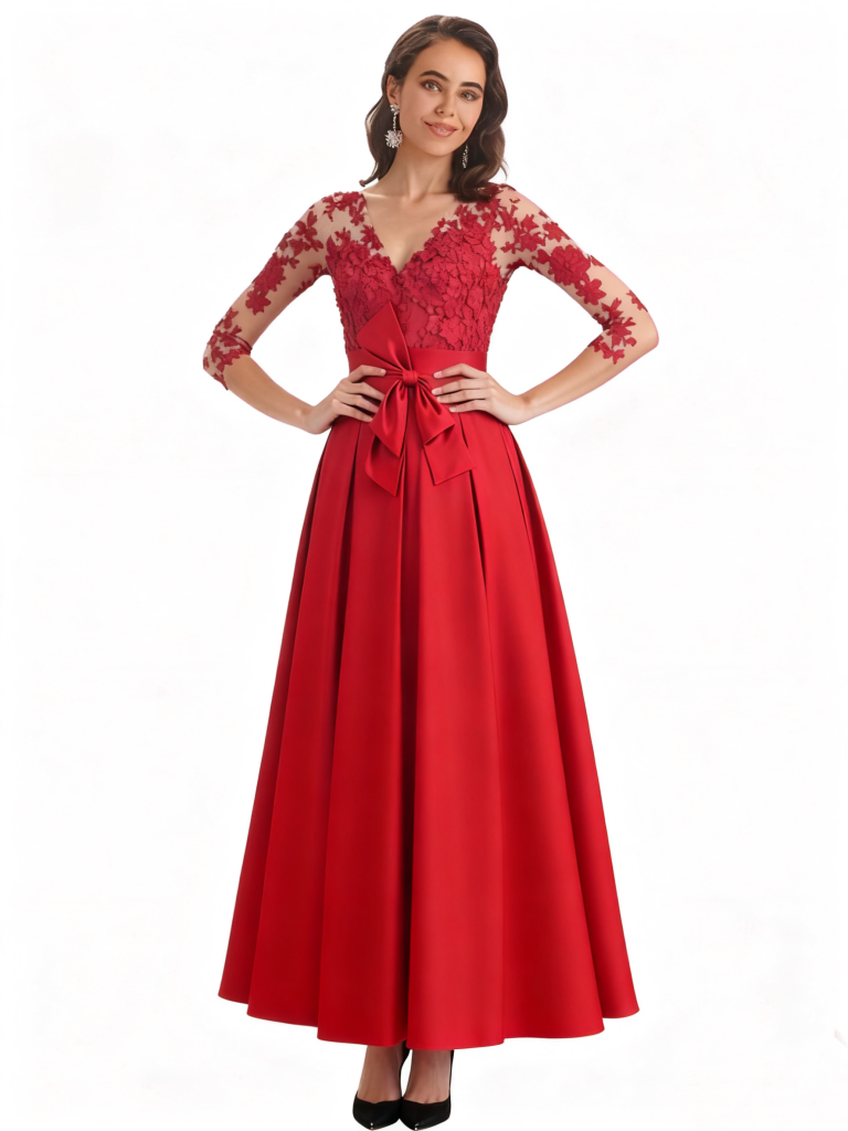 Elegant Long Sleeves Satin V-Neck A-Line Lace Long Mother Of The Bride Dresses Online