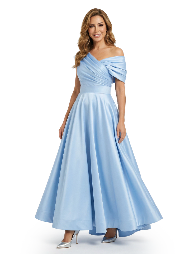 Elegant Asymmetric Straps Satin Mother Of The Groom Dress A-Line Ruched Formal Gown