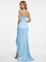 Elegant Strapless Asymmetrical Mermaid Satin Long Party Prom Dresses  Side Slit
