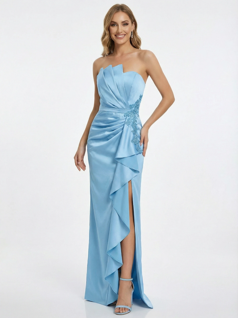 Elegant Strapless Asymmetrical Mermaid Satin Long Party Prom Dresses  Side Slit