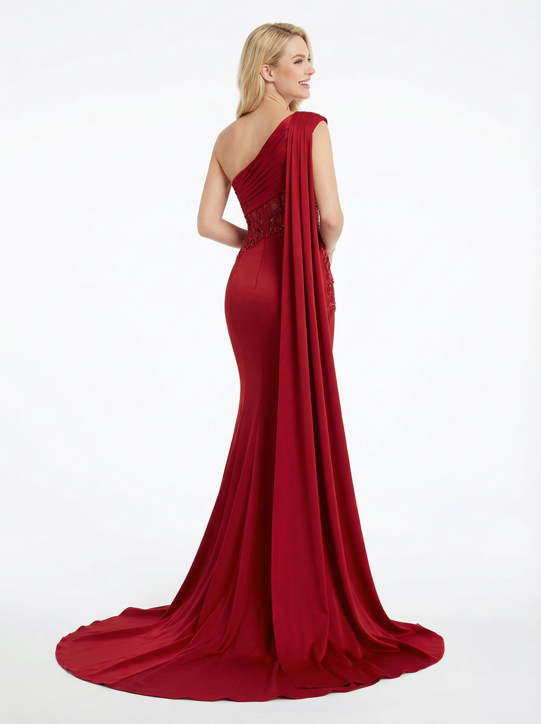 Elegant One Shoulder Lace Beaded Mermaid Prom Dresses for Graduation