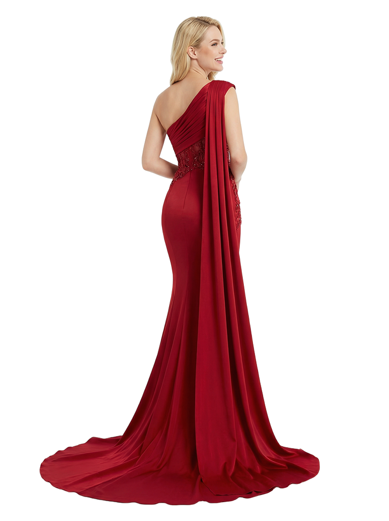 Elegant One Shoulder Lace Beaded Mermaid Prom Dresses for Graduation