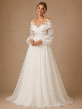 ChicSew Unique Beautiful Off The Shoulder Long Sleeves A-Line Boning Lace Tulle Maxi Wedding Dresses