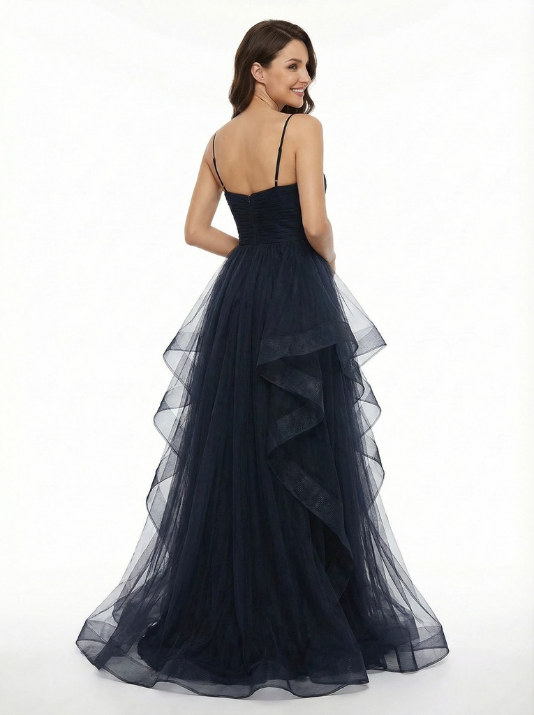 Elegant Spaghetti Straps Ruffle Tulle V-neck A-line Prom Dresses with Side Slit