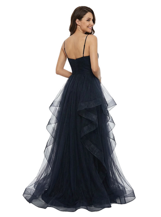 Elegant Spaghetti Straps Ruffle Tulle V-neck A-line Prom Dresses with Side Slit