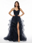 Elegant Spaghetti Straps Ruffle Tulle V-neck A-line Prom Dresses with Side Slit
