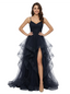 Elegant Spaghetti Straps Ruffle Tulle V-neck A-line Prom Dresses with Side Slit