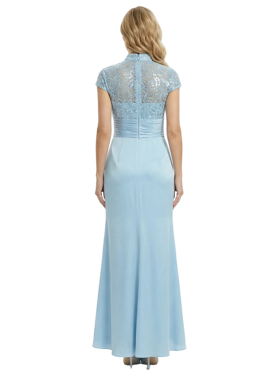 Classy Lace Mother Of The Bride Dress Floor Length Cap Sleeves High Neck Silky Satin Evening Gown
