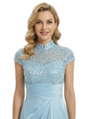 Classy Lace Mother Of The Bride Dress Floor Length Cap Sleeves High Neck Chiffon Evening Gown