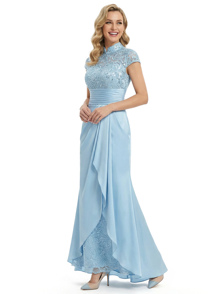 Classy Lace Mother Of The Bride Dress Floor Length Cap Sleeves High Neck Silky Satin Evening Gown
