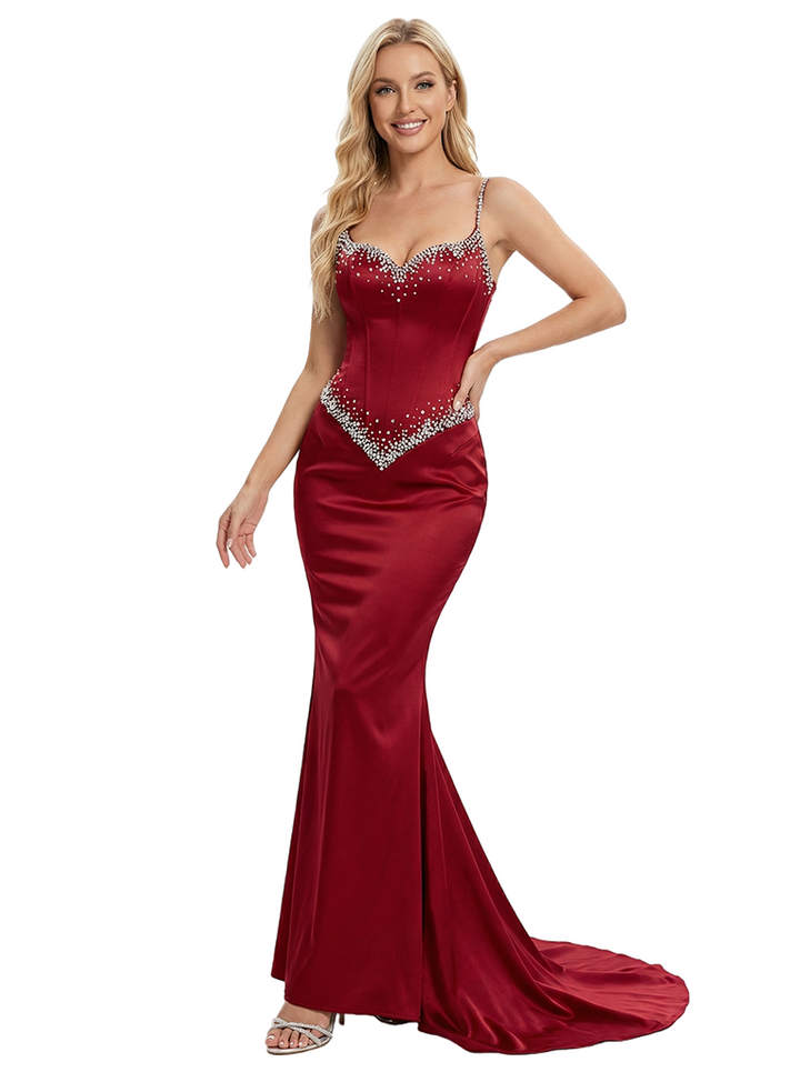 Sparkly Beaded Spaghetti Straps Mermaid Satin Prom Dresses