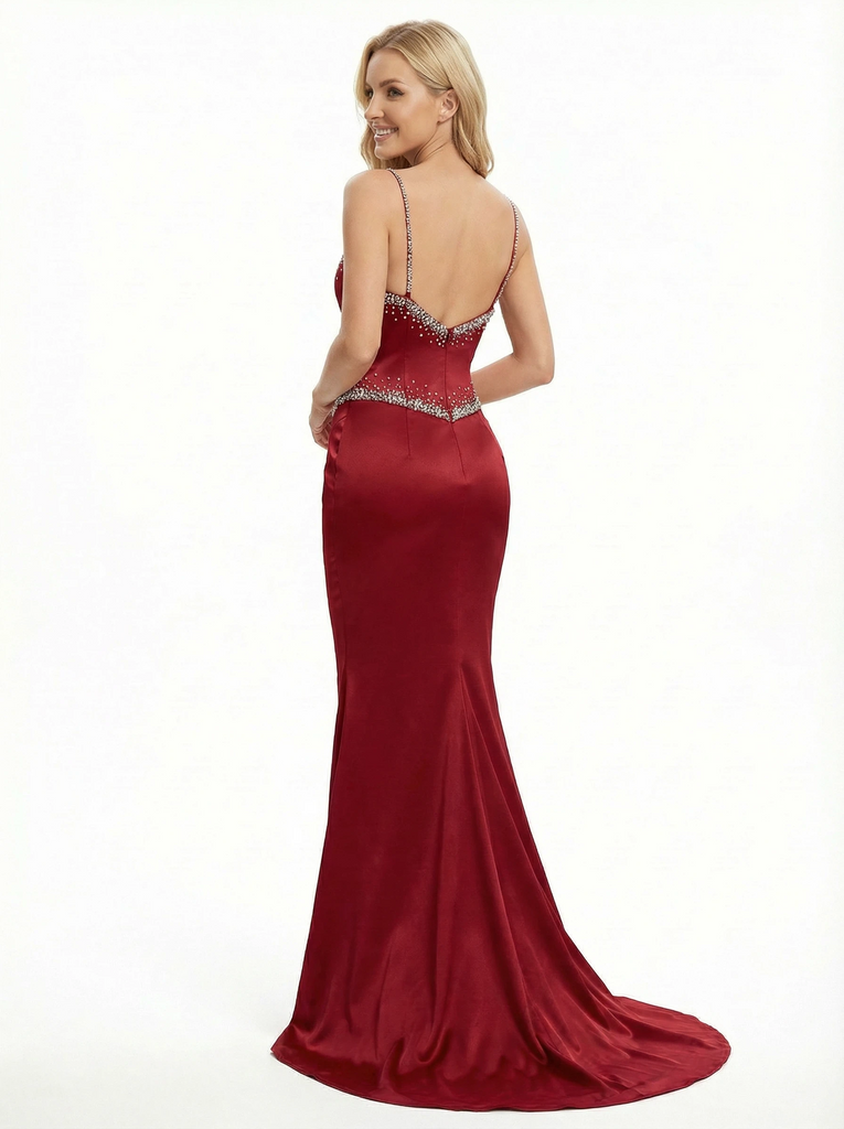 Sparkly Beaded Spaghetti Straps Mermaid Satin Prom Dresses