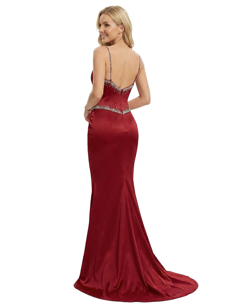 Sparkly Beaded Spaghetti Straps Mermaid Satin Prom Dresses