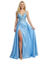 Sexy Spaghetti Strap Lace Applique High Slit Satin Prom Gown A-Line Formal Party Dress