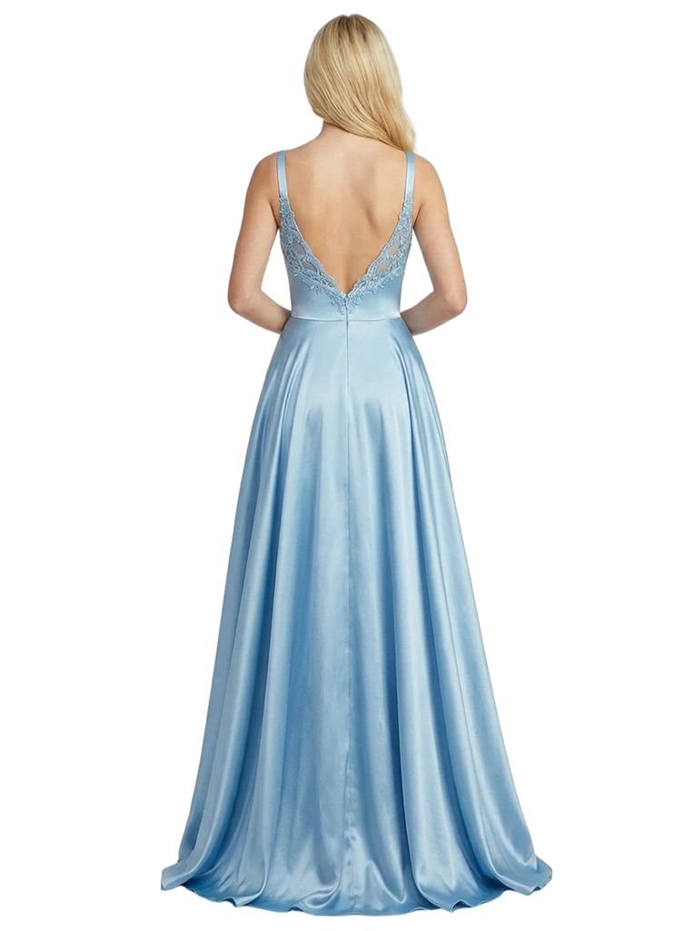 Sexy Spaghetti Strap Lace Corset High Slit Satin Prom Gown A-Line Formal Party Dress