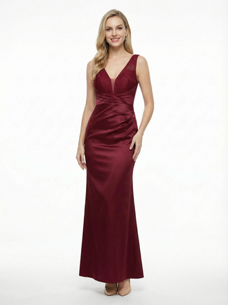 Simple V-neck Lace Mermaid Satin Maxi Prom Dresses For Evening Party