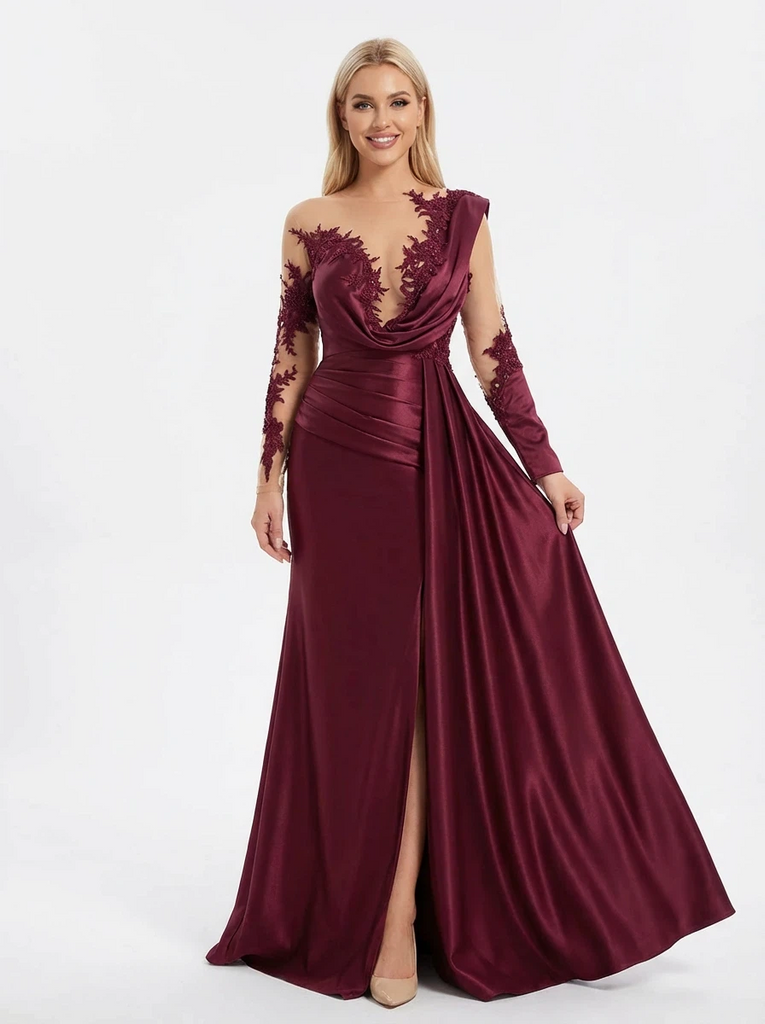 Gorgeous Asymmetrical Lace Beaded Mermaid Long Sleeve Prom Dresses With Waist Drape