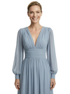 Elegant V-Neck Chiffon Mother Of The Bride Gown Pleated Long Sleeves A-Line Dress