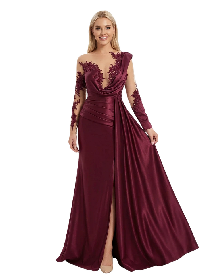 ChicSew Gorgeous Asymmetrical Lace Beaded Mermaid Long Sleeve Prom Dresses With Waist Drape