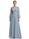 Elegant V-Neck Chiffon Mother Of The Bride Gown Pleated Long Sleeves A-Line Dress