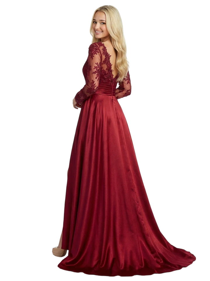 ChicSew Gorgeous Asymmetrical Lace Beaded Mermaid Long Sleeve Prom Dresses With Waist Drape