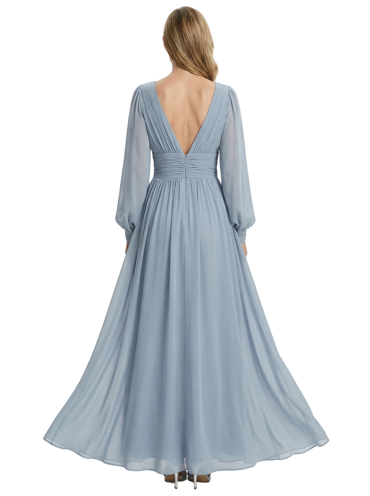 Elegant V-Neck Chiffon Mother Of The Bride Gown Pleated Long Sleeves A-Line Dress