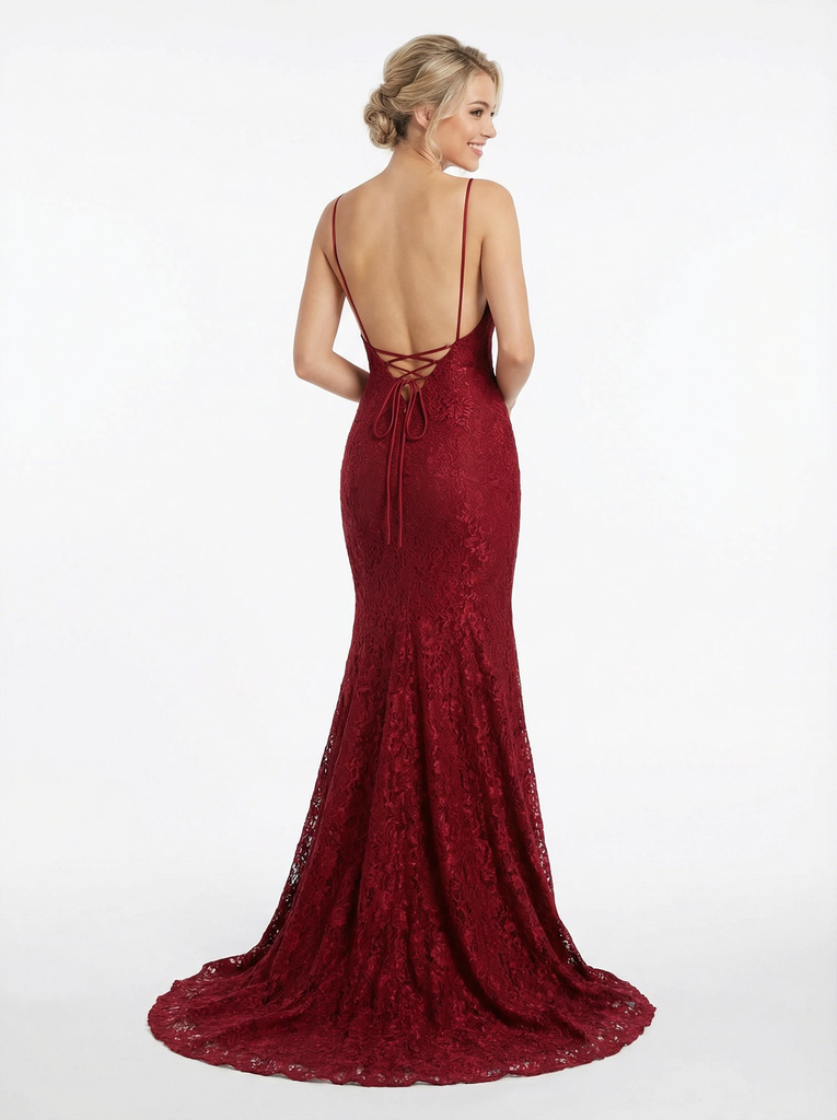 Sexy Deep V-neck Spaghetti Straps Lace Mermaid Long Prom Dresses