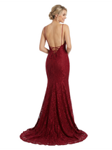 Sexy Deep V-neck Spaghetti Straps Lace Mermaid Long Prom Dresses