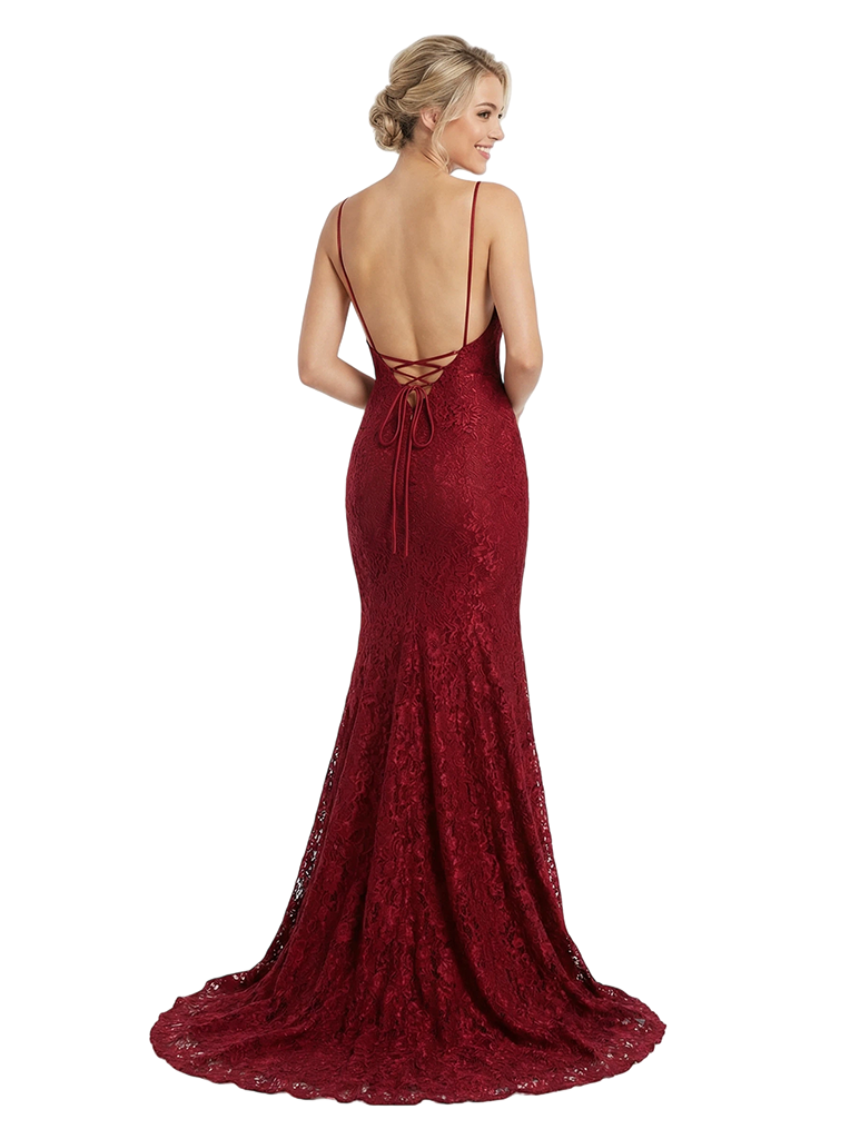 Sexy Deep V-neck Spaghetti Straps Lace Mermaid Long Prom Dresses